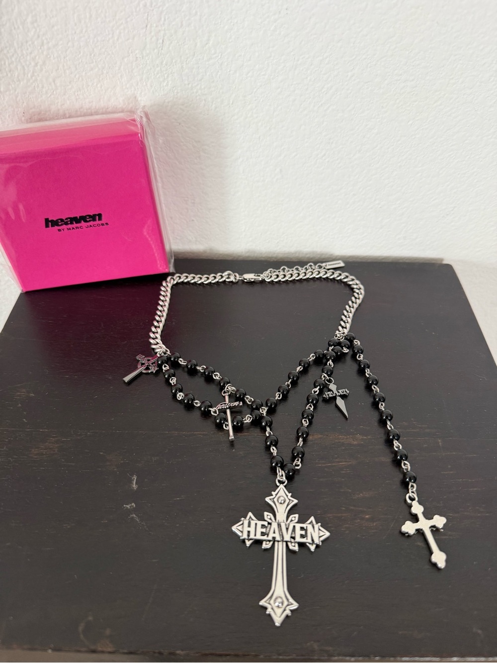 Marc Jacobs Black Beaded 'Heaven' Cross Necklace with Silver Chains